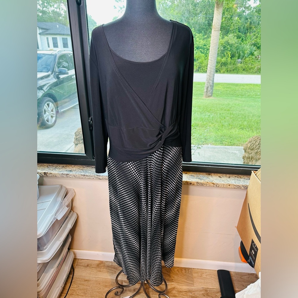 Vintage Miss Dorby Black Dress One Piece Built In Cardigan White Accents Size 18